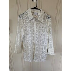 Alfred Dunner White Floral Lace Button Down Long Sleeve Shirt Top